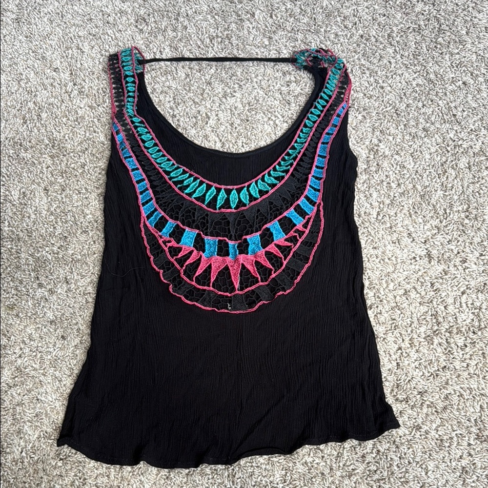 Surf Gypsy Black Tank Top with Blue Embellishments